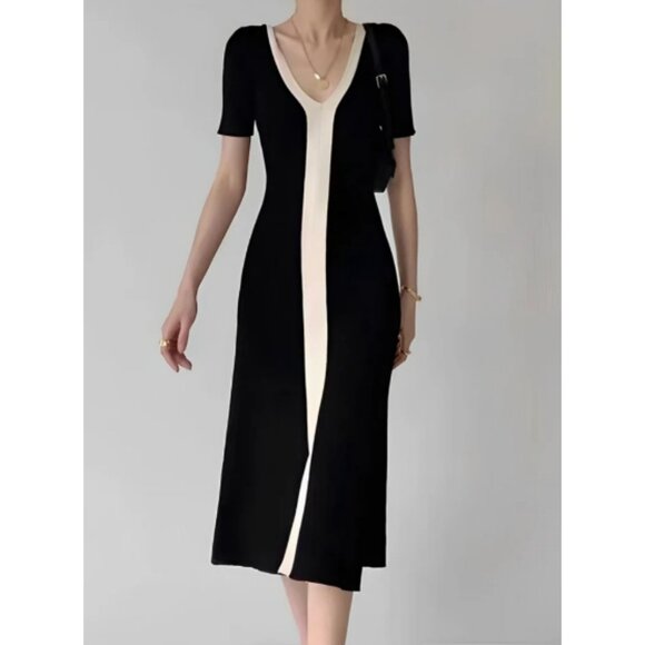 Commense Dresses & Skirts - Two Tone V-Neck Knit Slit Midi Dress